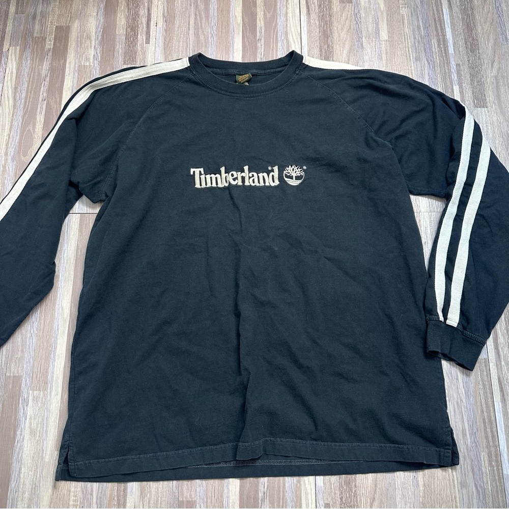 Timberland Vintage Black Long Sleeve Shirt with Cream Stripes and Logo Men’s XL